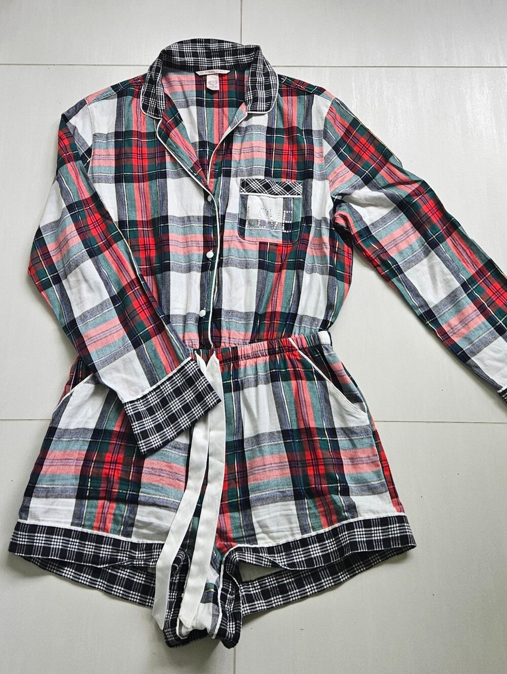 Victoria's Secret Red Green White Plaid Kids Pajama Romper